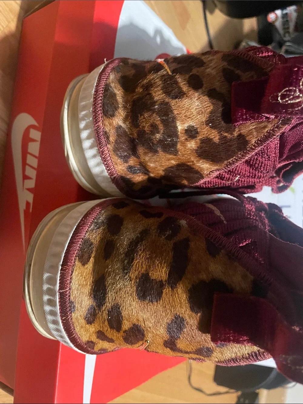 Men's Burgundy Athletic Sneakers - LeBron James with Cheetah print. (Rare)